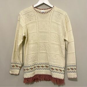 Vintage Cottagecore Crochet Floral Pattern Fringe Sweater - Cream Size Medium